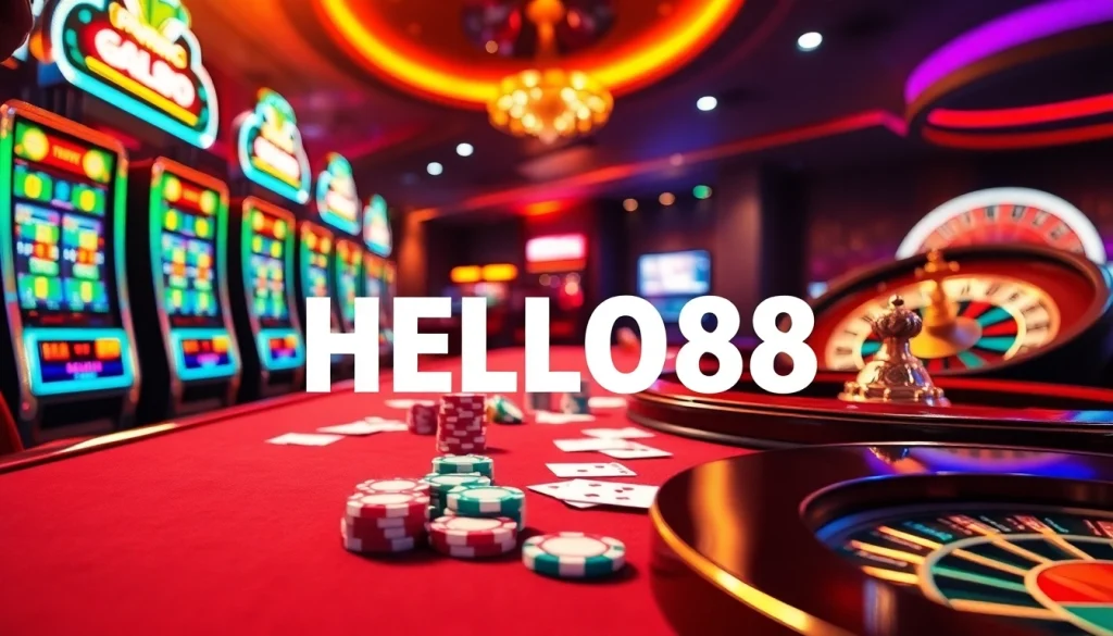 Experience the excitement of HELLO88 with vibrant casino activities featuring poker chips, cards, and roulette.
