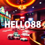 Experience the excitement of HELLO88 with vibrant casino activities featuring poker chips, cards, and roulette.