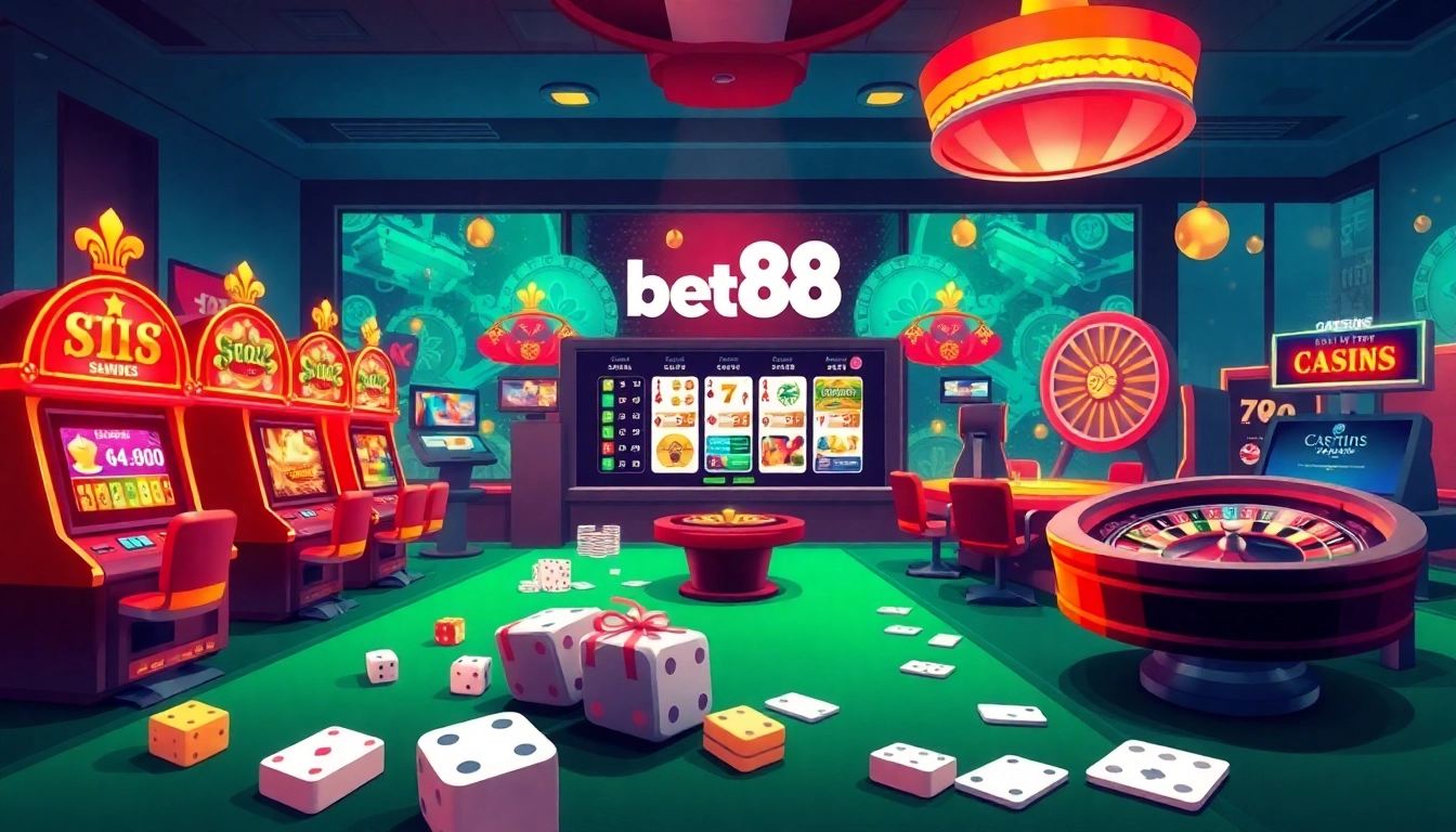 Experience the thrill of Bet88's online casino with vibrant slot machines and engaging gaming interfaces.