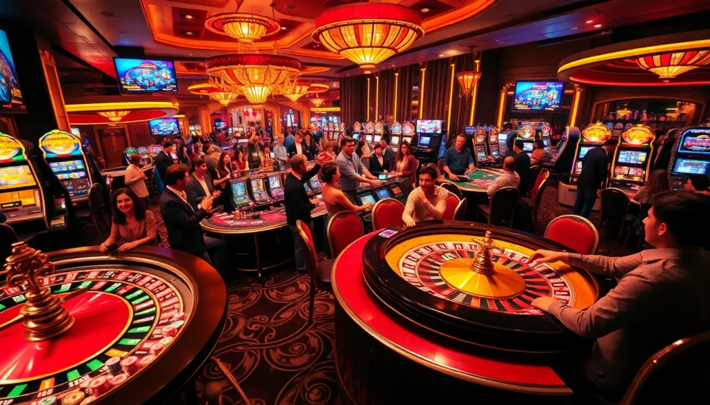 Explore the thrilling casino atmosphere at https://qe8.info/ with vibrant poker tables, roulette wheels, and excited players.