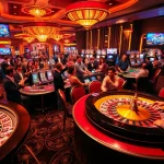 Explore the thrilling casino atmosphere at https://qe8.info/ with vibrant poker tables, roulette wheels, and excited players.