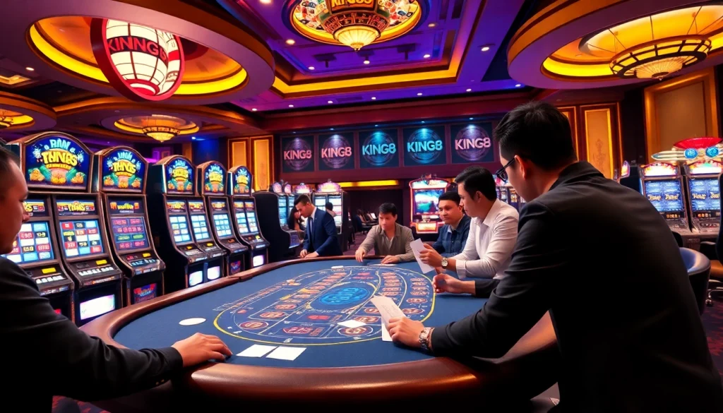 Experience the thrill of poker at KING88, where players revel in lively gaming action surrounded by bright slot machines.