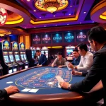 Experience the thrill of poker at KING88, where players revel in lively gaming action surrounded by bright slot machines.